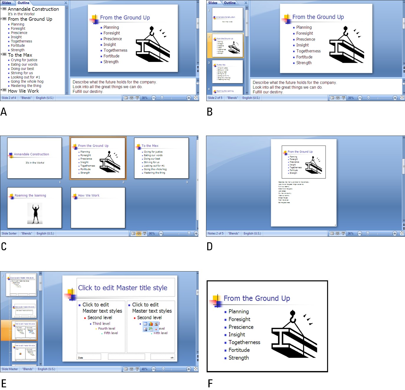 Figure 3-10: The different views: Normal/ Outline (A); Normal/ Slides (B); Slide Sorter (C); Notes Page (D); Slide Master (E); and Slide Show (F).